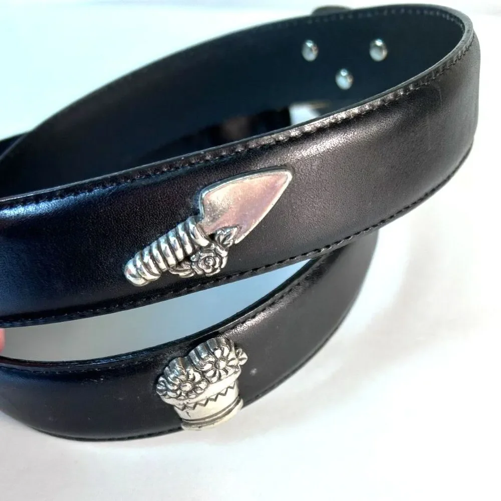 Talbots Women's NWOT Black Leather Silver Buckle Gardening Charm Belt Size XL